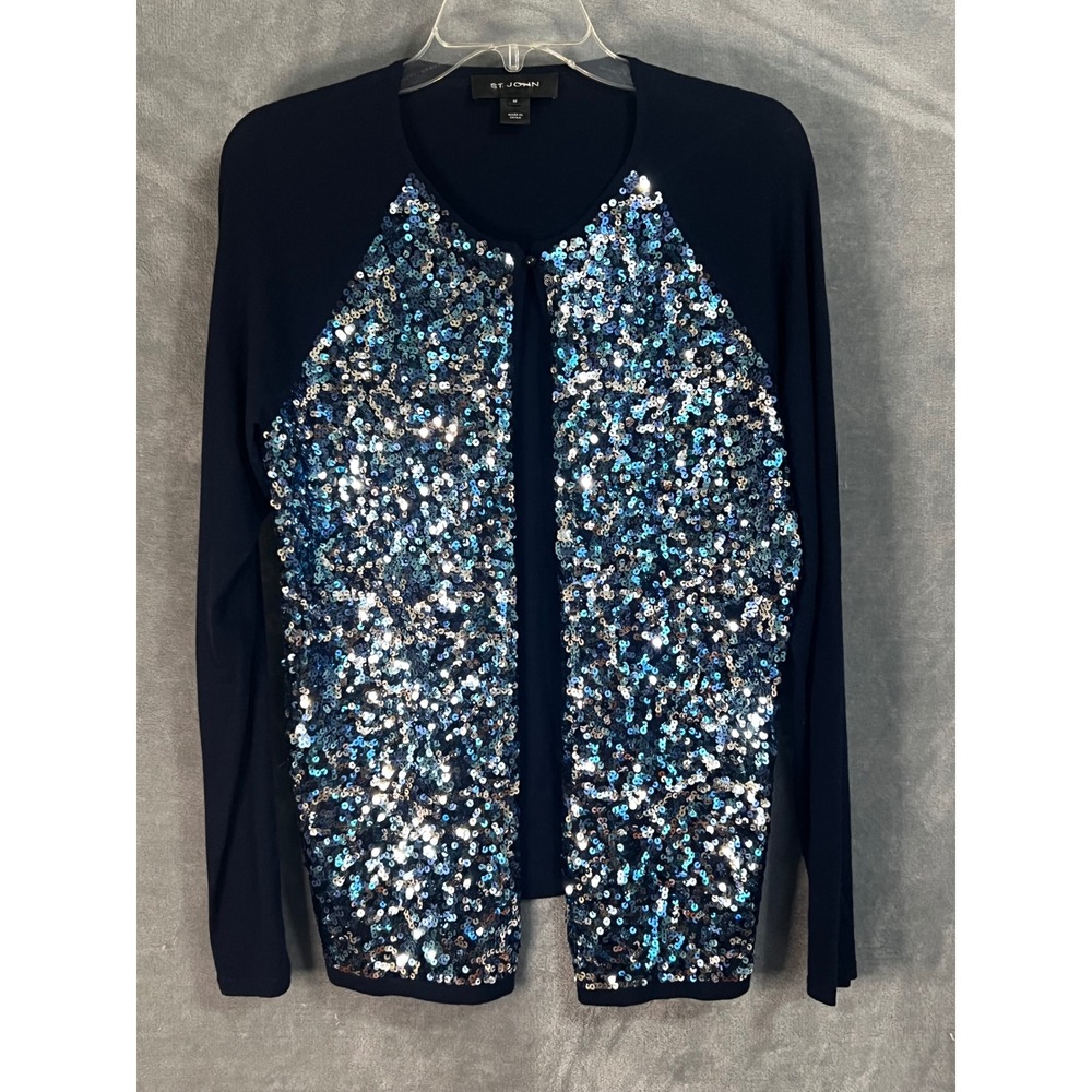 St. John Navy Blue Sequin Cardigan Silk Cashmere Merino Wool Luxury Sparkle